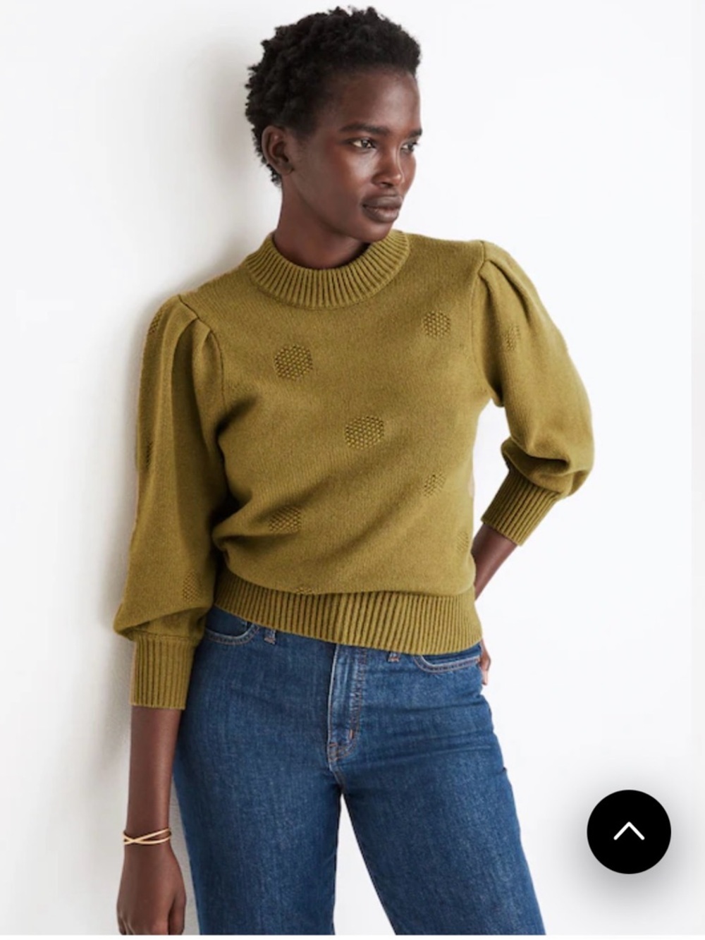 Madewell Dotted Eaton Puff-Sleeve Pullover Sweater in Cotton-Merino Yarn